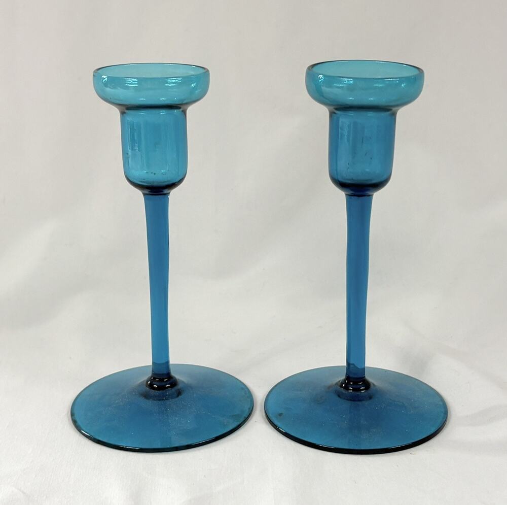 Vintage Pair Turquoise Teal Glass Candlestick Holders Bubble Rim MCM 6.25”